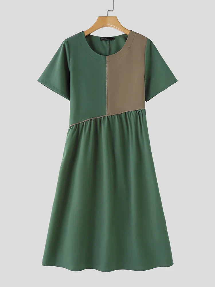 Women Patchwork Pleated Midi Dress Casual Aline Retro