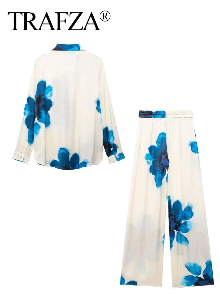 Trendy Summer Suit for Women with Printed Turn-Down Collar Long Sleeve Shirt and Elastic Waist Lace-Up Pants