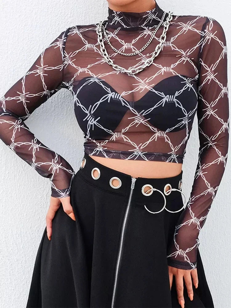 Mesh Long Sleeve Crop Top for Women with Chain Print Vintage Streetwear Fishnet Design