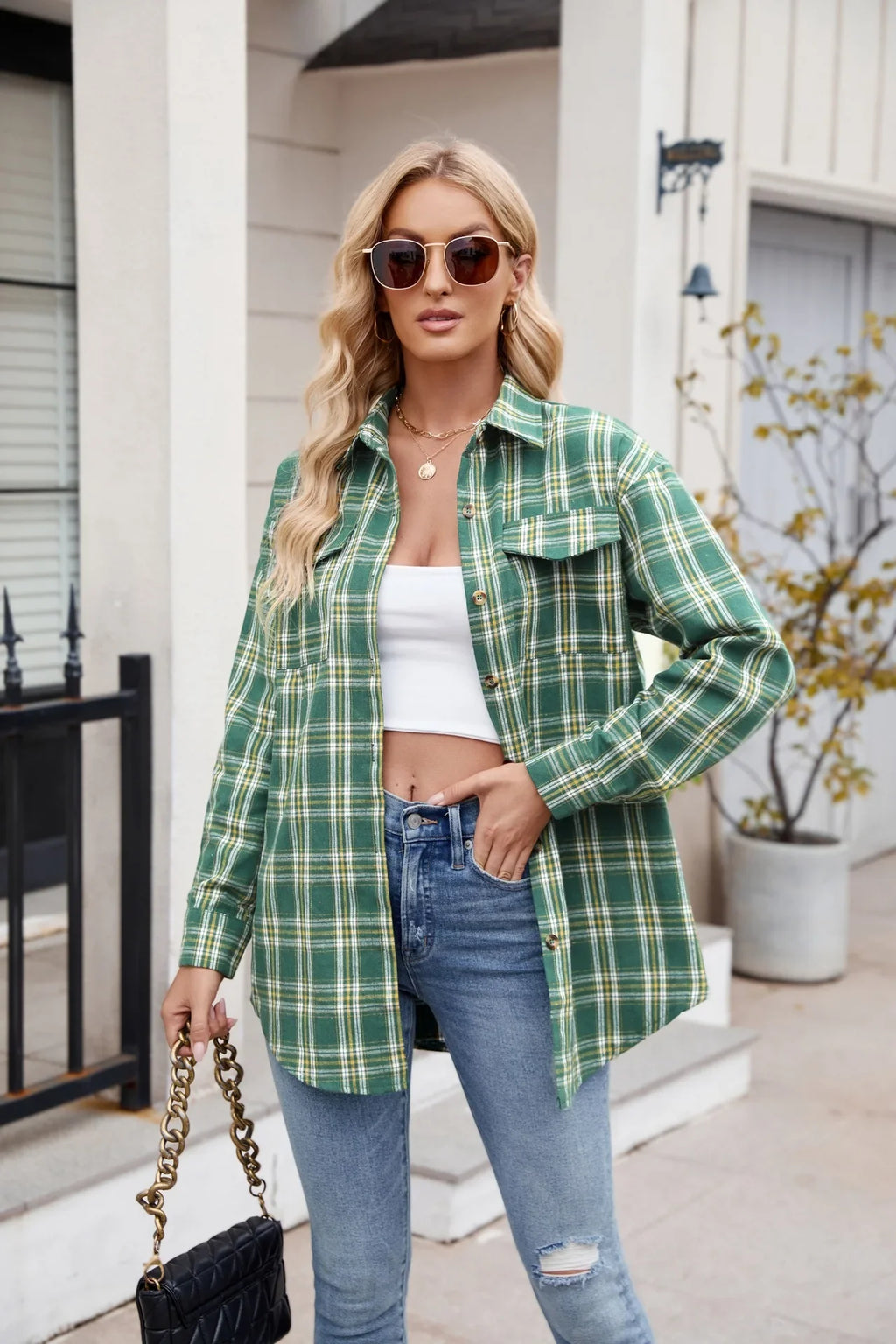 Women Plaid Button Up Shirt Loose Fit Warm Long Sleeve Casual Blouse with Pockets Autumn Winter Checkered Top Preppy Y2K Harajuku Style