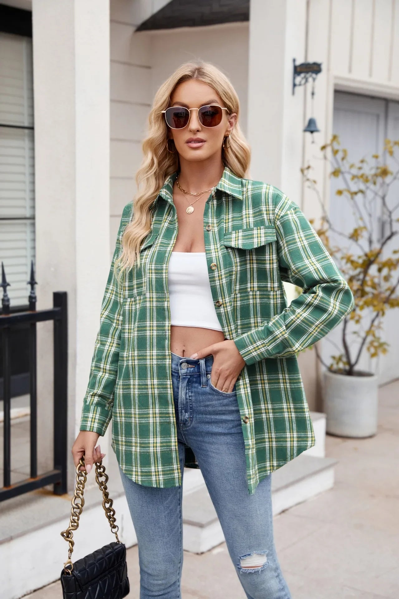 Women Plaid Button Up Shirt Loose Fit Warm Long Sleeve Casual Blouse with Pockets Autumn Winter Checkered Top Preppy Y2K Harajuku Style