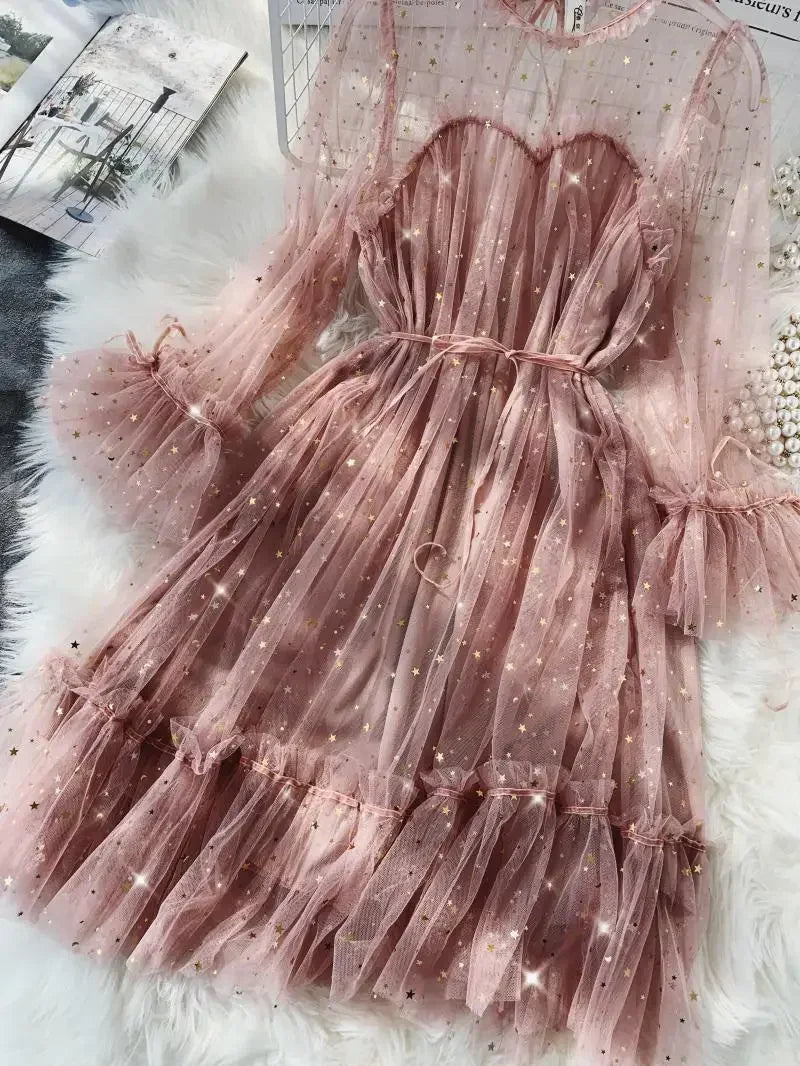 Sequined Mesh Fairy Dress For Women Party Gala Evening Wear