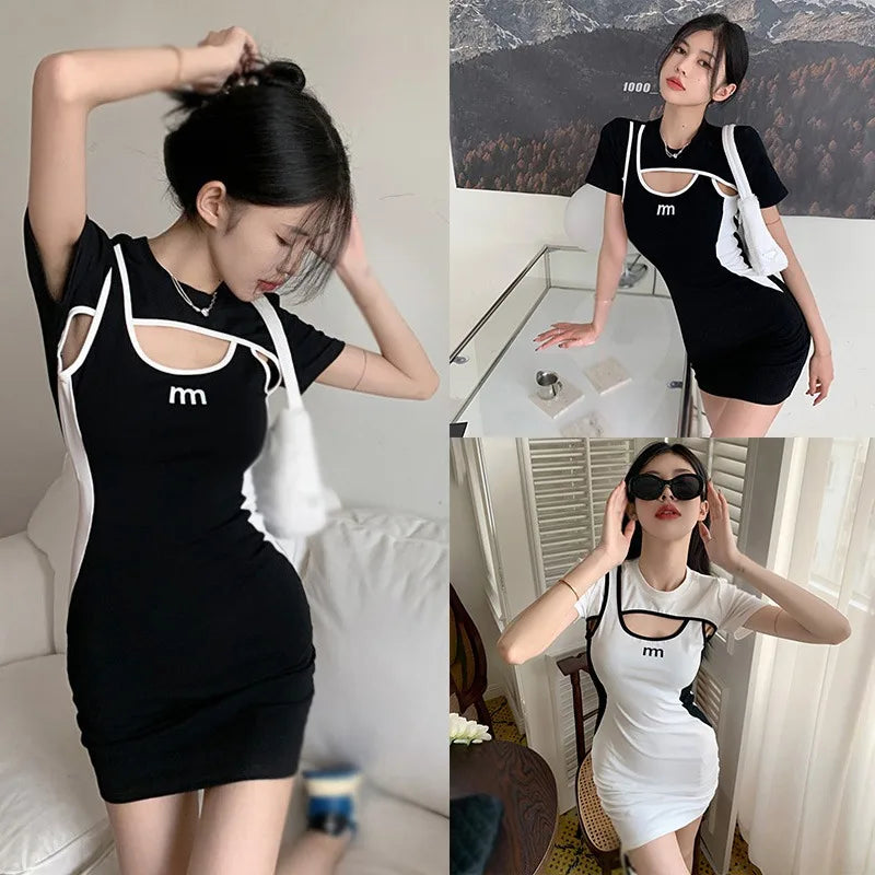 Women Hollow Out O Neck Short Sleeve Patchwork Mini Dress