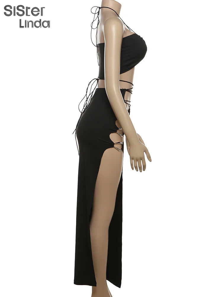 Junior Mid-Calf High Street Skirt Suit for Girls Solid Halter Neck with Slit Cleavage and Backless Design