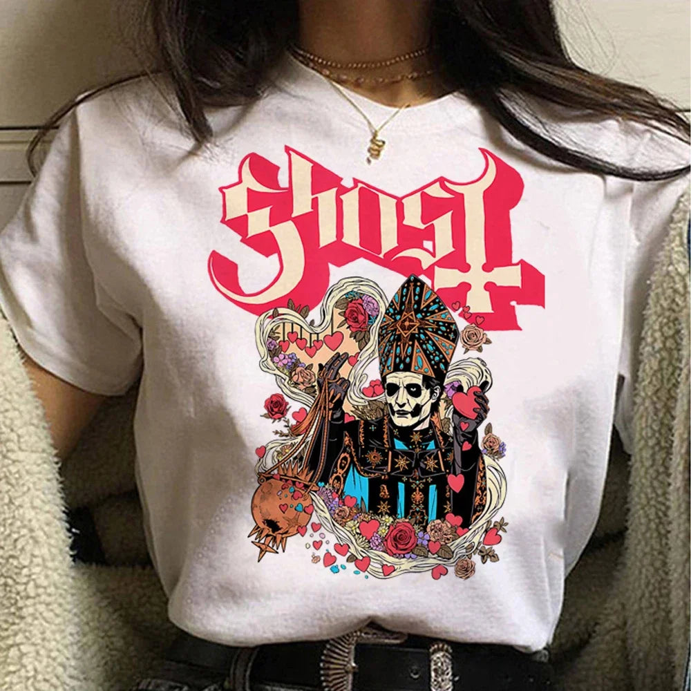 Funny Ghost Band T-Shirt for Women - Y2K Manga Style Tee with Premium Soft Fabric
