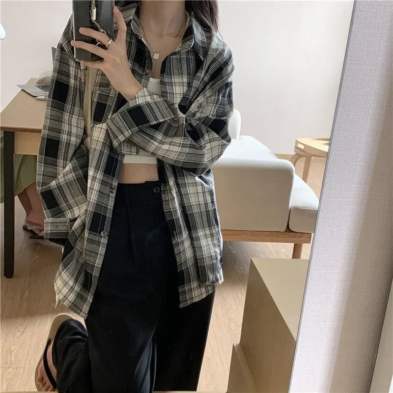 Casual Long Sleeve Plaid Blouse Mid Length Loose Fit Turn Down Collar Shirt for Women Autumn Winter Fashion Top