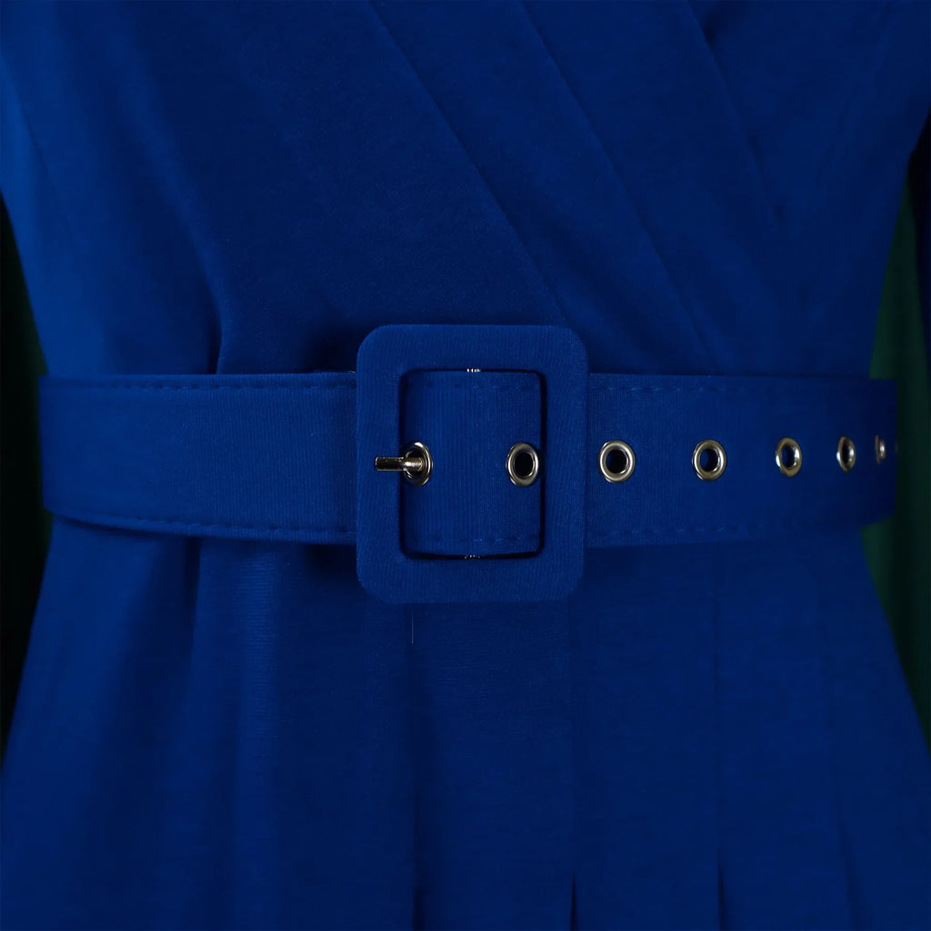 V Neck Office Dress For Women Belted Pleated Mid Calf