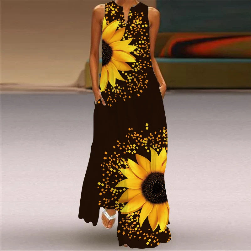 Sleeveless V Neck Printed Maxi Dress for Summer Heat