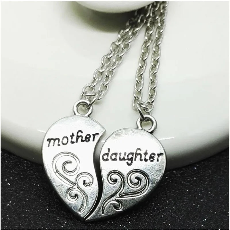 2pcs Antique Silver Plated Parent Child Necklace Set for Mother Daughter Love Jewelry