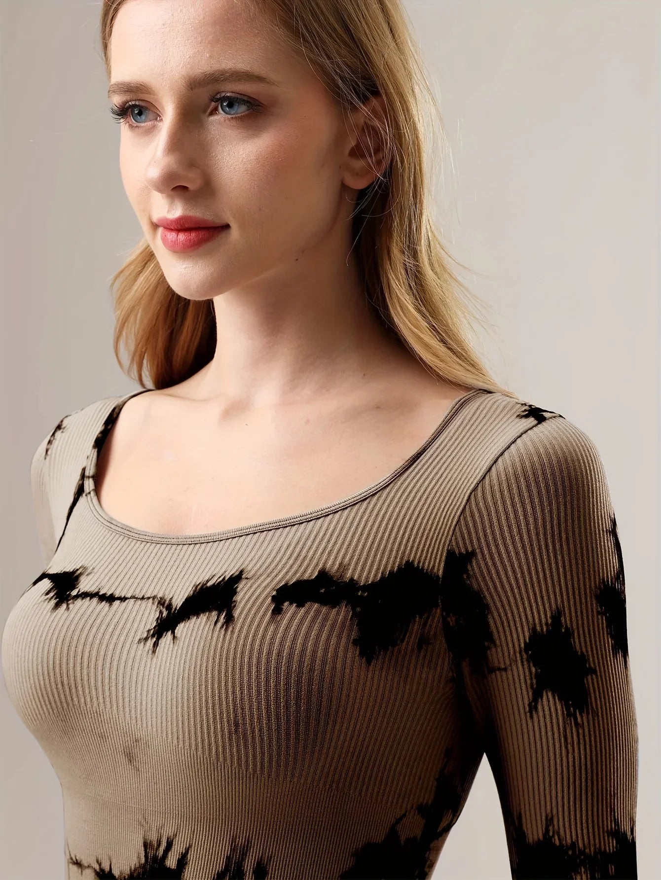 Tie Dye Slim Fit Jumpsuit With Square Neck Long Sleeve