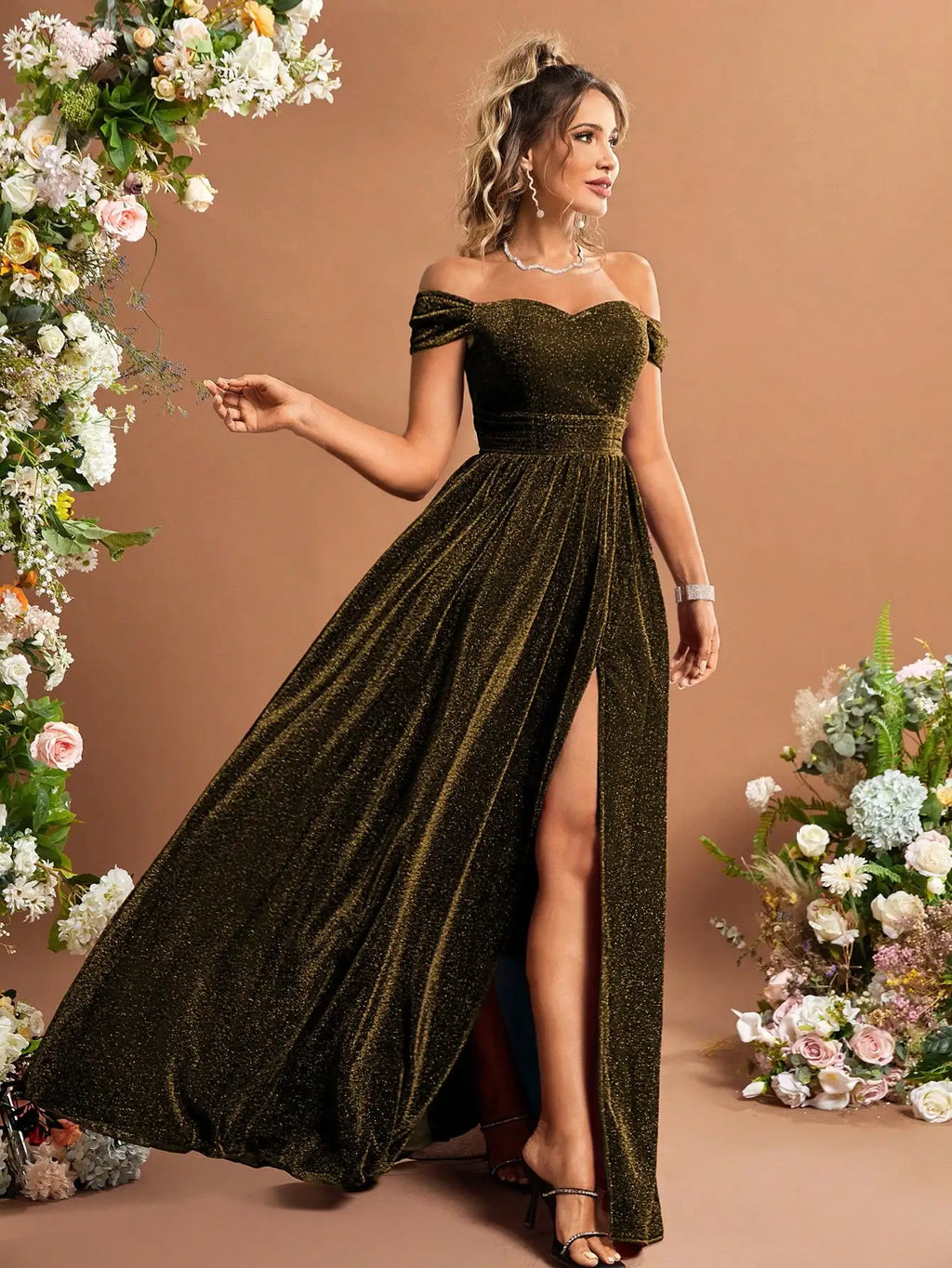 Green Off Shoulder Glitter Dress With Thigh Slit Sequins