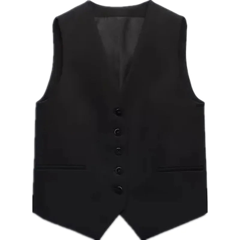 Casual Solid Color V Neck Sleeveless Single Breasted Vest With Elegant Mid Waist Wide Leg Pants Set