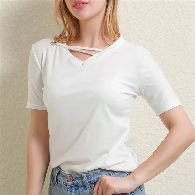 Casual Women V-Neck Loose White T-Shirt Summer Short Sleeve Polyester Top
