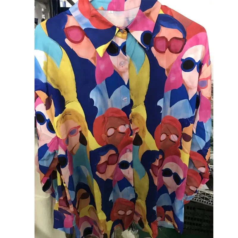 Casual Long Sleeve Turn Down Collar Blouse Loose Fit Printed Shirt Fashionable High Street Tops for Women