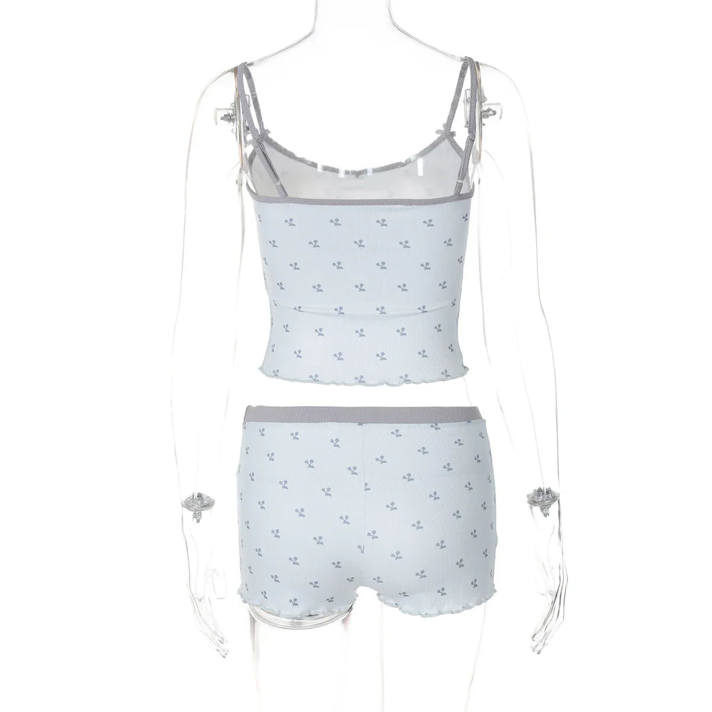 Cherry Print Two-Piece Matching Set with Slim Crop Camisole Top and Bow-Accent Shorts Summer Casual Festival and Workout Outfit for Women