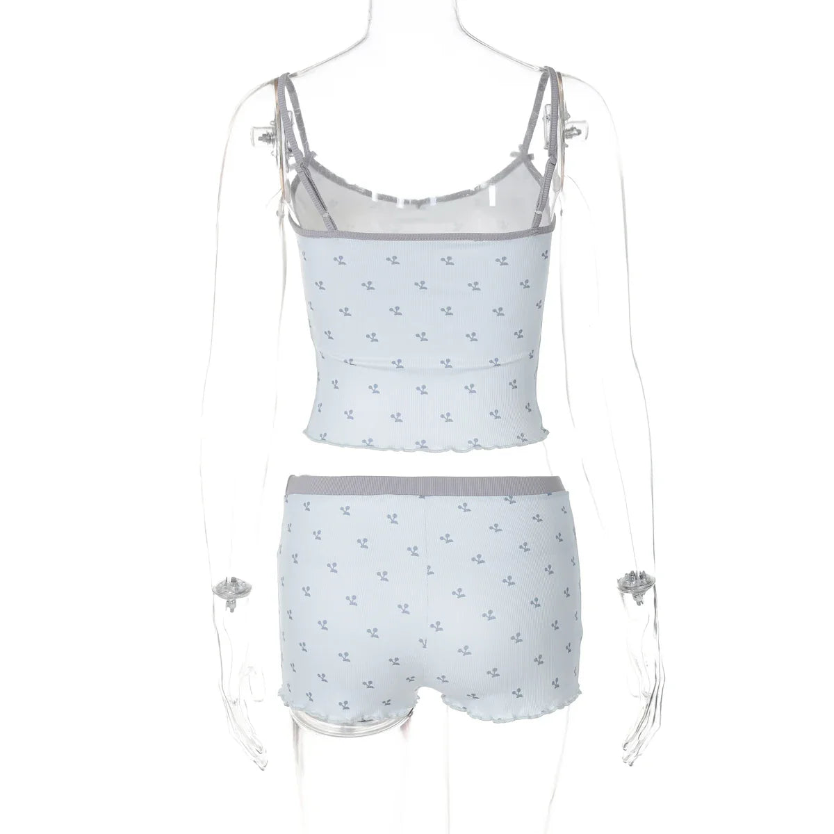 Cherry Print Two-Piece Matching Set with Slim Crop Camisole Top and Bow-Accent Shorts Summer Casual Festival and Workout Outfit for Women