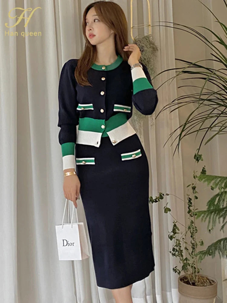 Two Piece Color Block Knitted Pencil Dress Set For Women