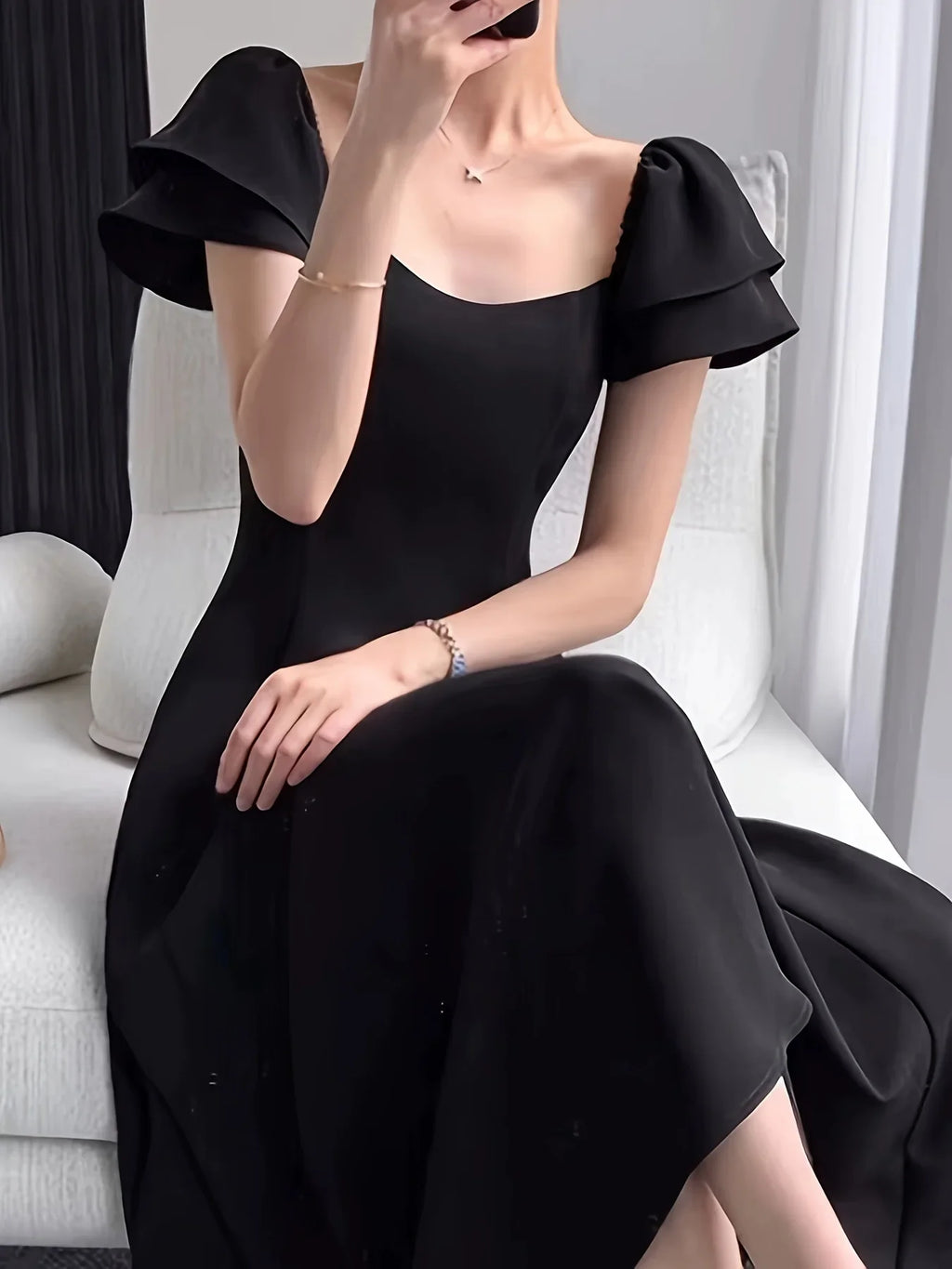 Square Neck Dress With Flutter Sleeves For Spring And Summer