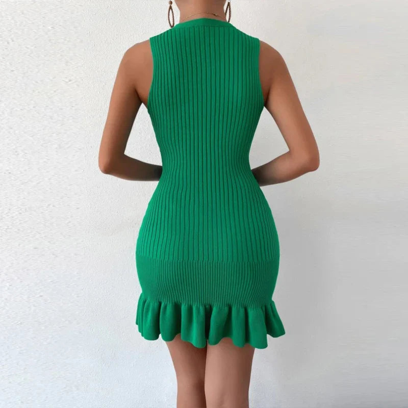 Knitted Mini Dress Women Summer Bodycon Ruffled Elegant