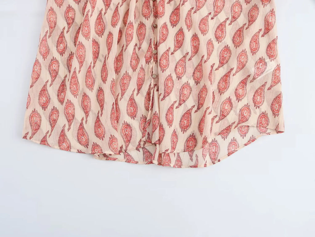 Womens Printed Shirt with Metallic Thread Ruffle Collar Drawstring Long Sleeve Single Breasted Chic Top