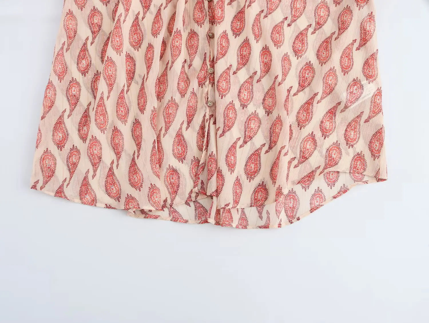 Womens Printed Shirt with Metallic Thread Ruffle Collar Drawstring Long Sleeve Single Breasted Chic Top