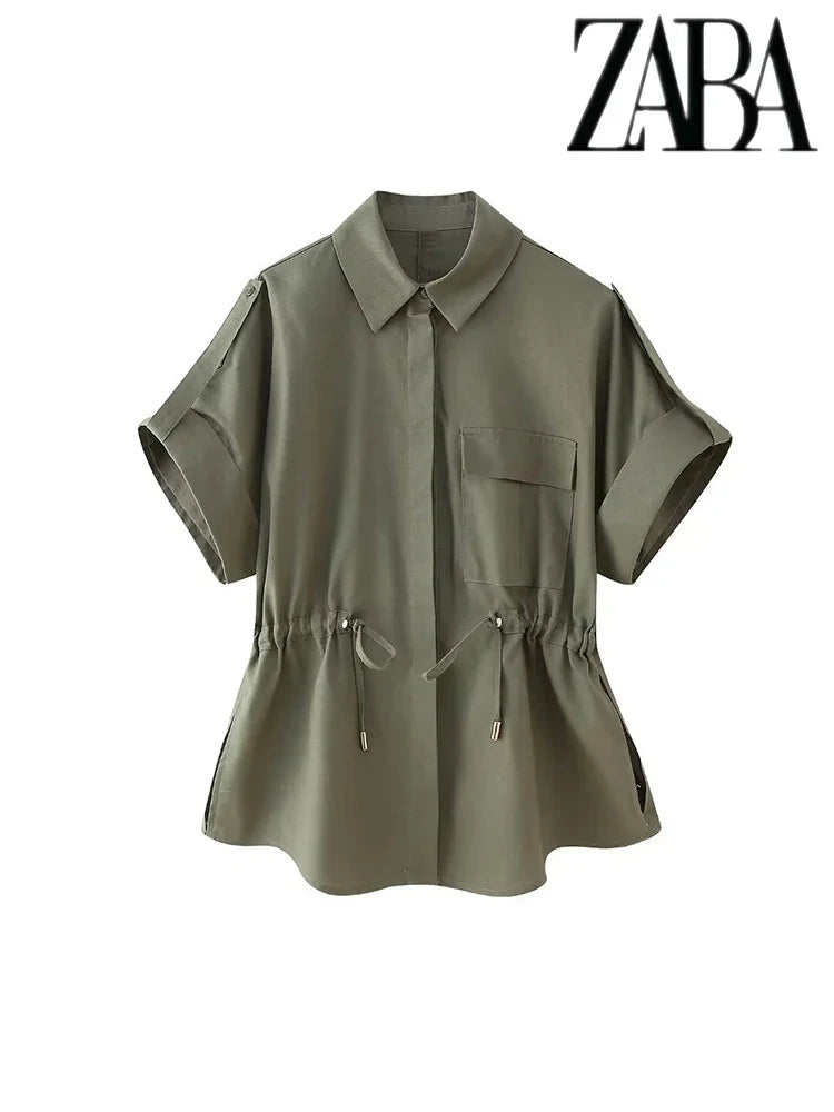 Women's Elegant Short Sleeve Tie Embellished Lapel Shirt and Solid Color Casual Pants Suit for Street Commuter Style