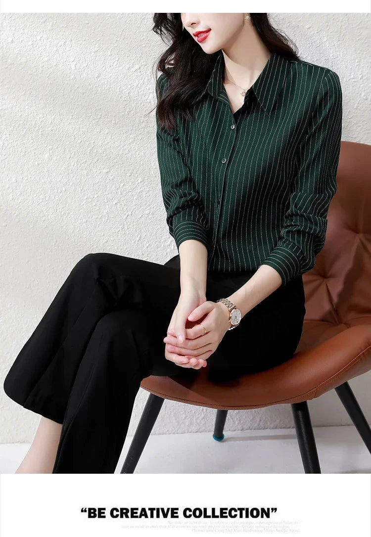 Striped Long Sleeve Women Shirt Button Up Blouse Lightweight Chiffon Tops Elegant Casual Office Wear