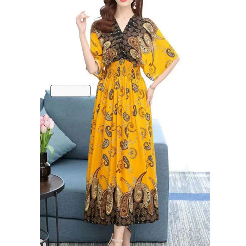 Bohemian Ethnic Print Midi Dress V Neck With Batwing Sleeves