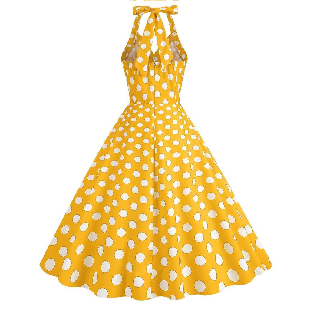 Retro Polka Dot Lace Up Backless Dress With Swing Puff
