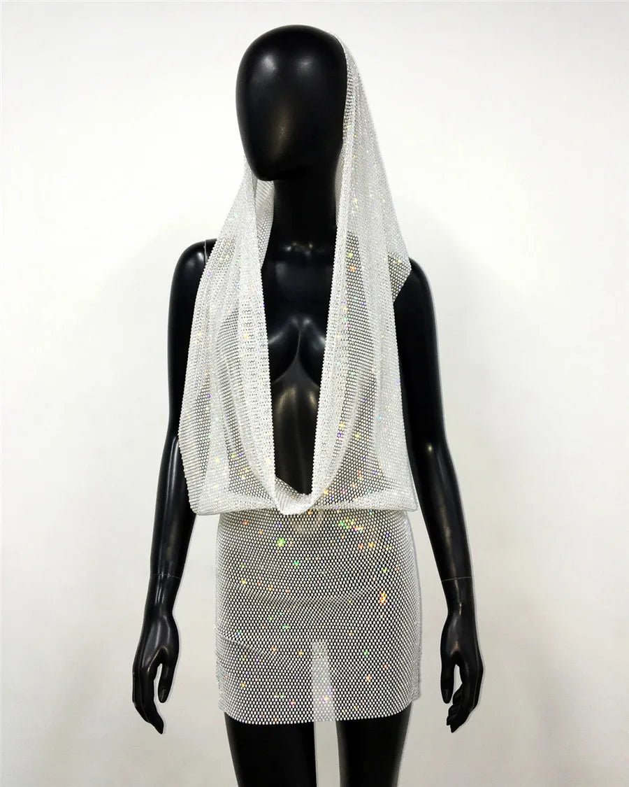See Through Mesh Dress Rhinestone Bandana Headwrap