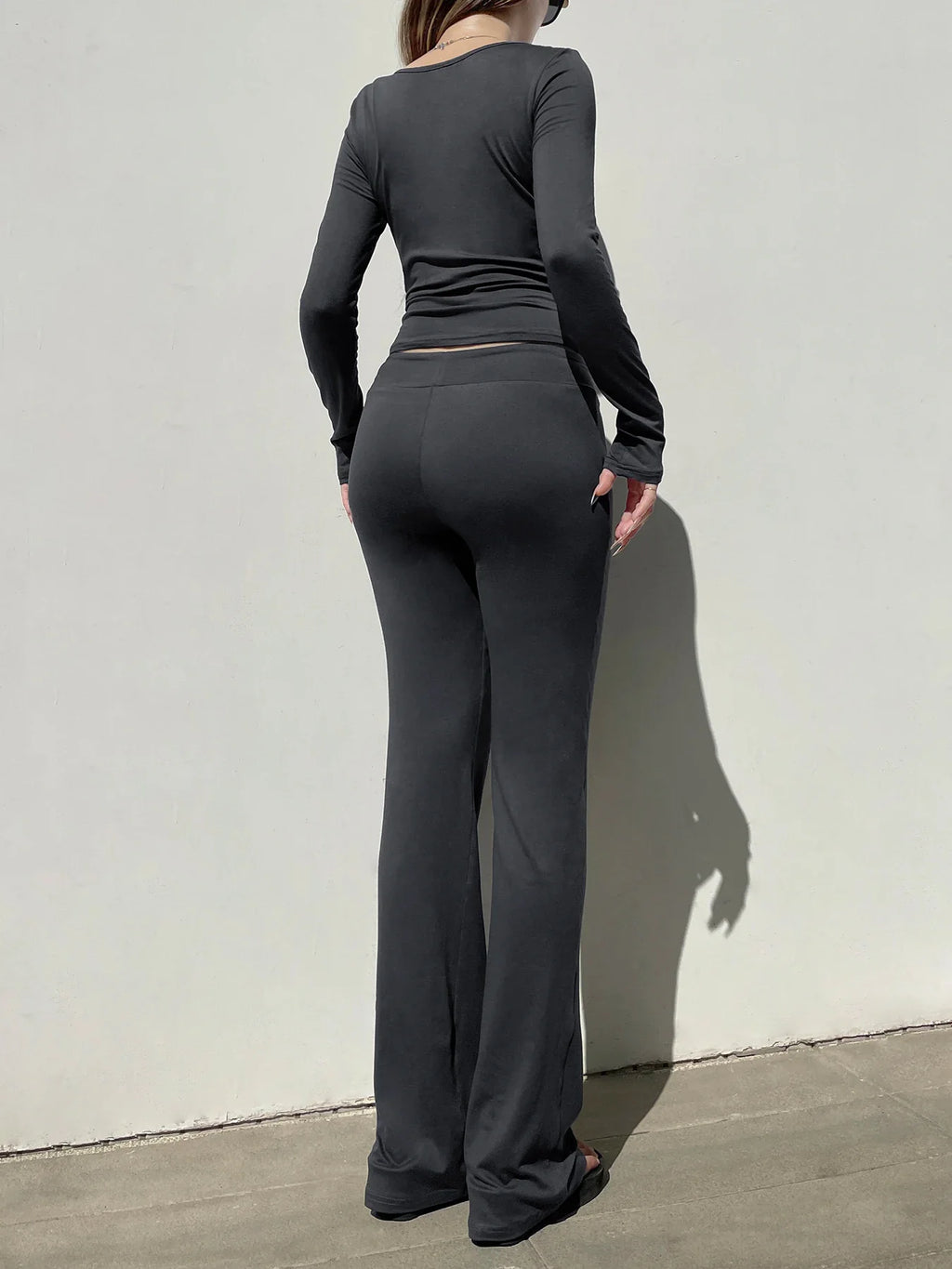Casual V Neck Long Sleeve Top and Slim Drawstring Full Length Pants Women's Chic Low Waist Two Piece Outfit Set