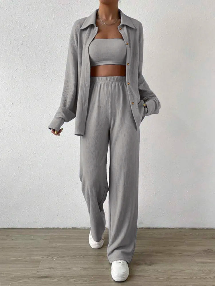 Casual Knit Two Piece Outfit for Women Long Sleeve Button Down Shirt and Loose Wide Leg Pants Set Streetwear Autumn Ensemble