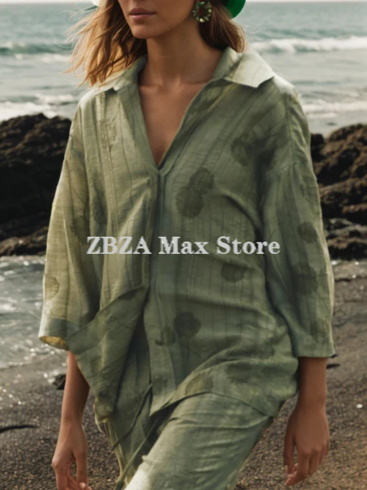 Jacquard Shirt Pants Suit for Women with Lapel Half Sleeve and Pockets, Wide Leg Pant Set for Summer Streetwear