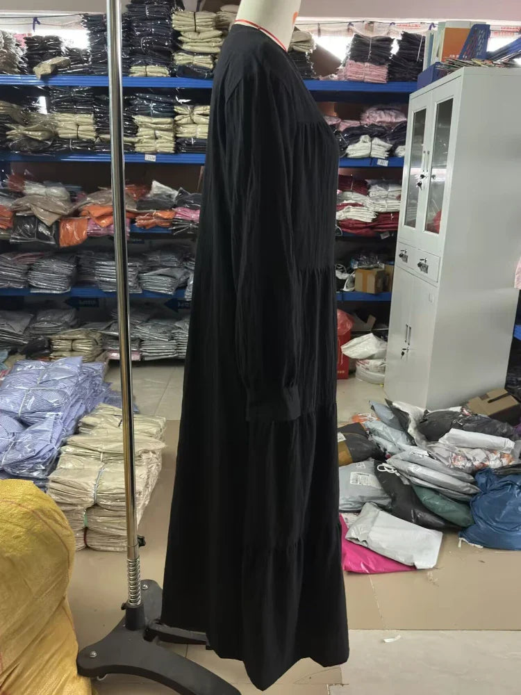 Womens Long Sleeve Swing Dress Cotton Hemp Casual Elegant