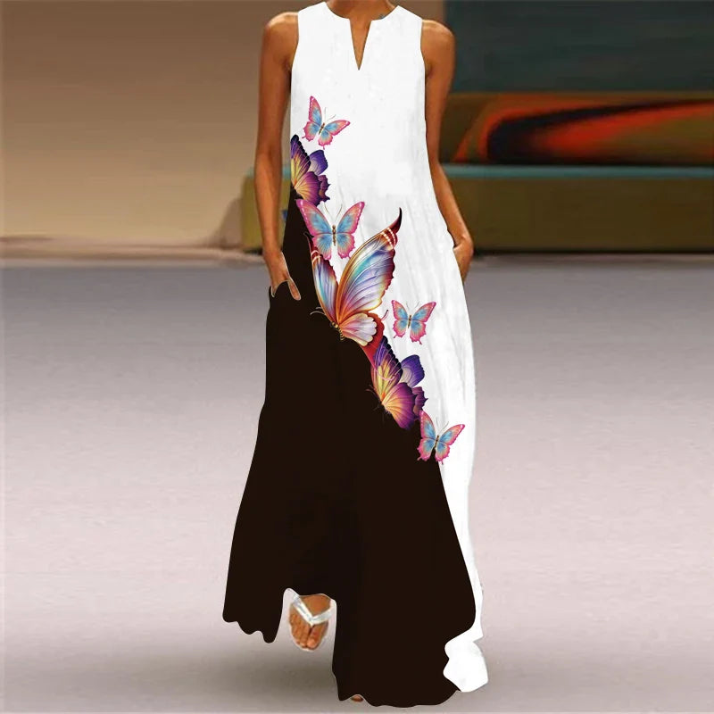 Sleeveless V Neck Printed Maxi Dress For Summer Beachwear