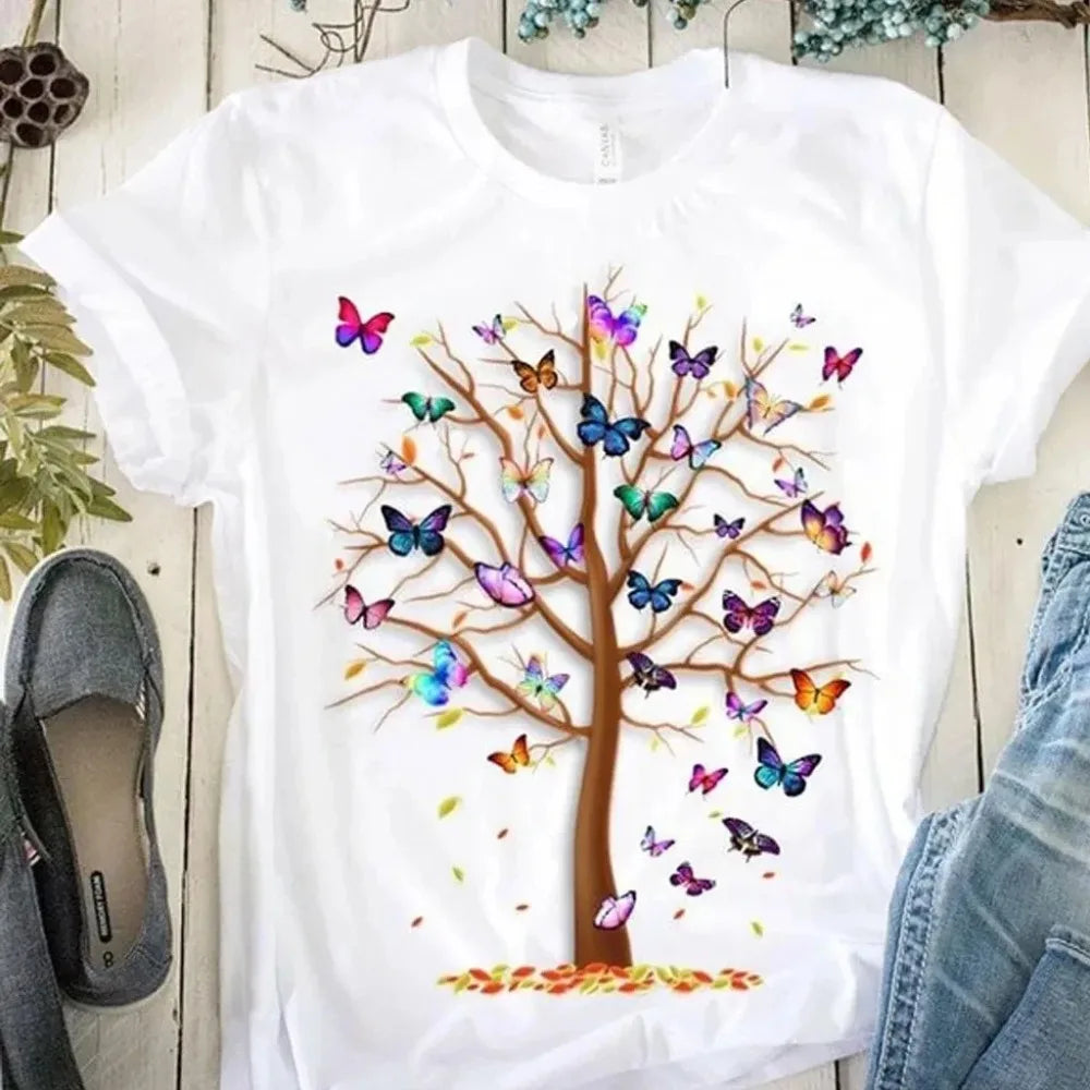 Women's Butterfly Tree Print Casual T-Shirt Round Neck Short Sleeve Summer Top