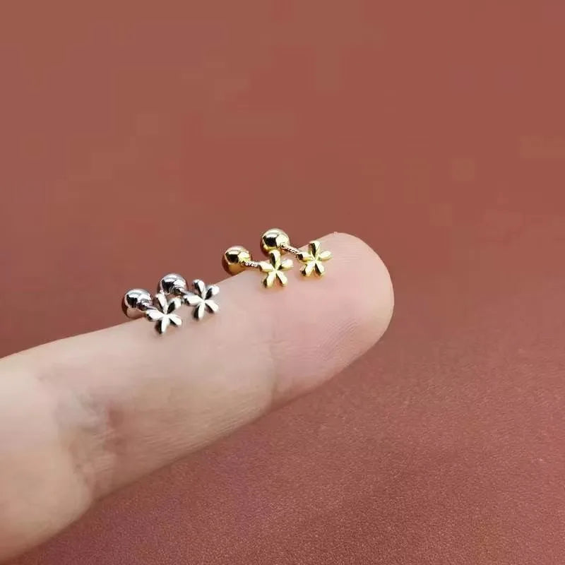 Simple Stainless Steel Golden Flower Small Stud Earrings for Women with Tiny Screw Back Piercing