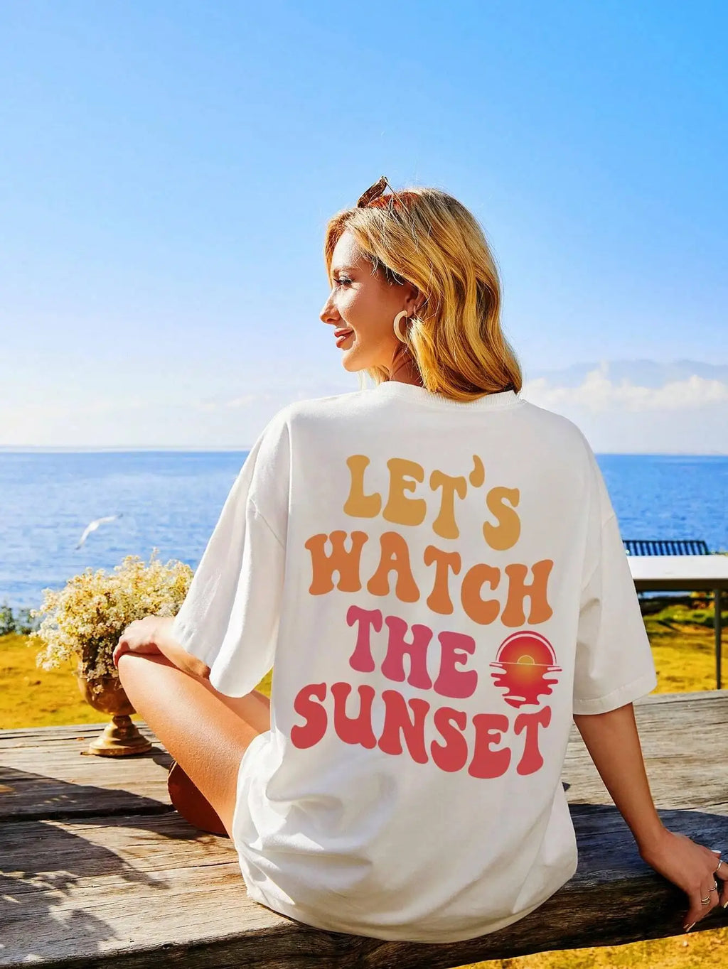 Let Us Watch The Sunset Print Women Cotton T-Shirt Casual Short Sleeve O-Neck Top for Daily Wear