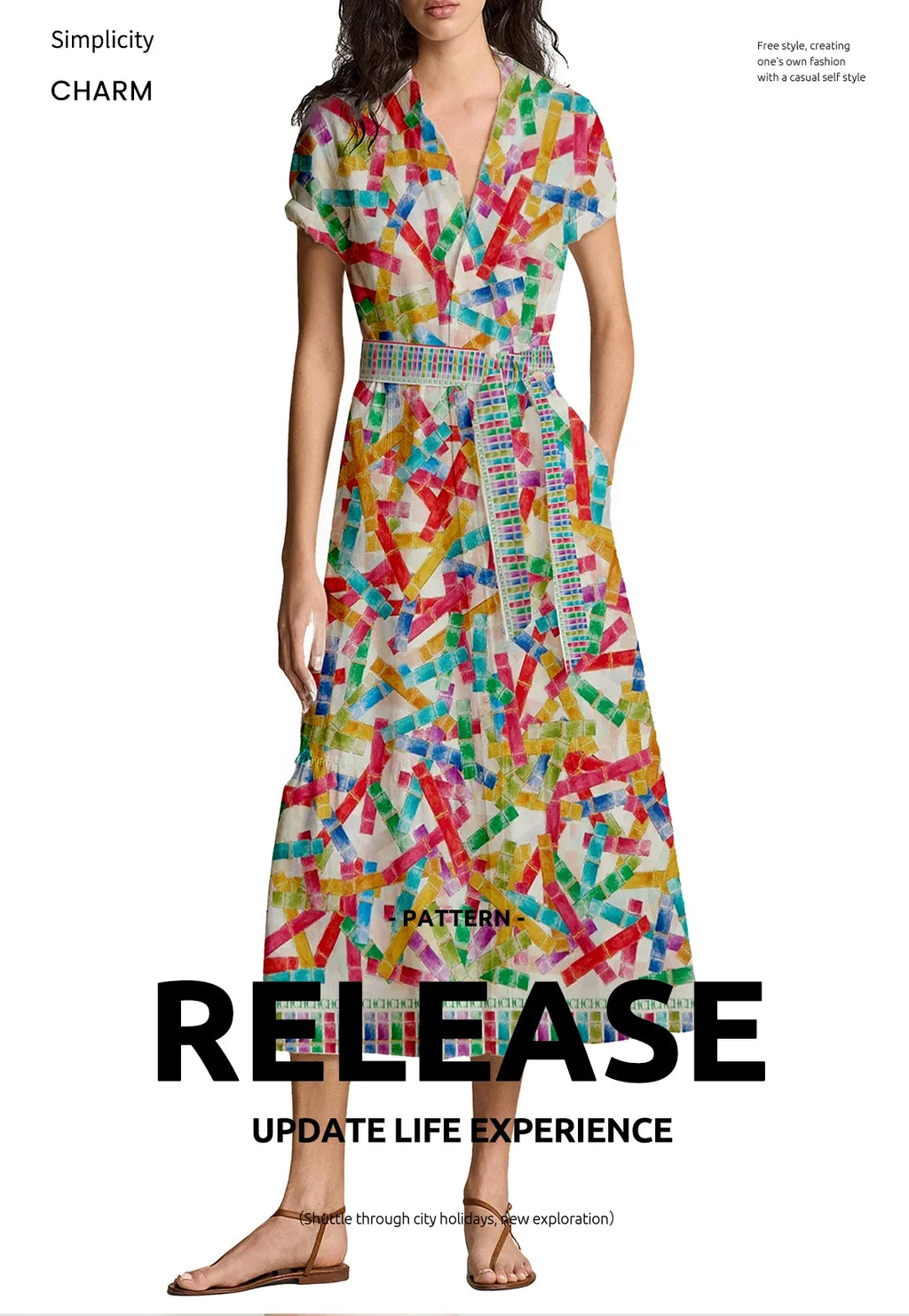 Summer Printed Shirt Dress For Women With Lapel Half Sleeve