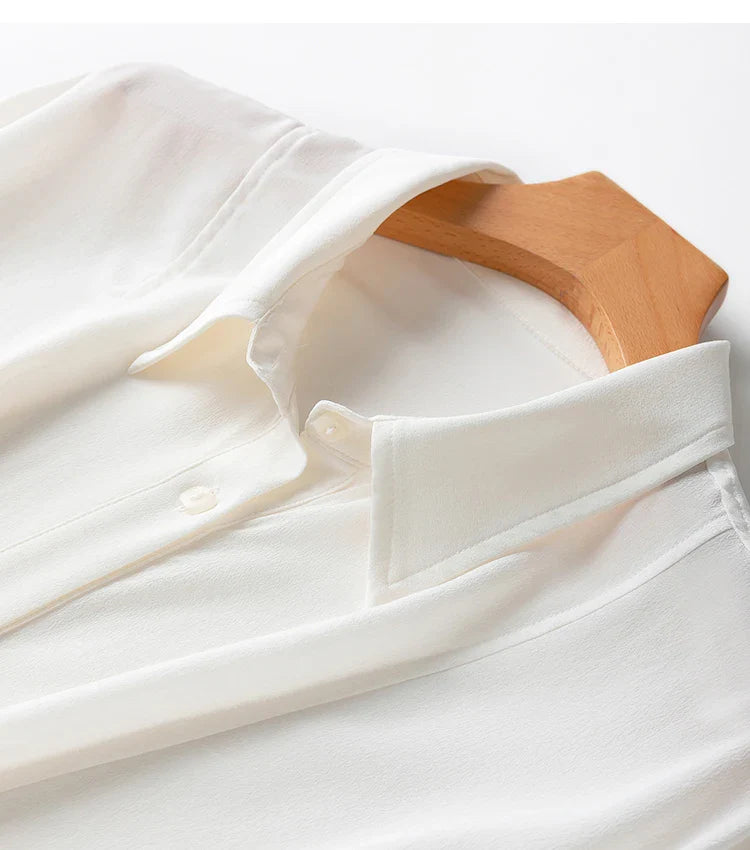 Women 100 Percent Mulberry Crepe Silk White Blouse Lantern Sleeves Bow-Tie Hem Loose Fit Office Top
