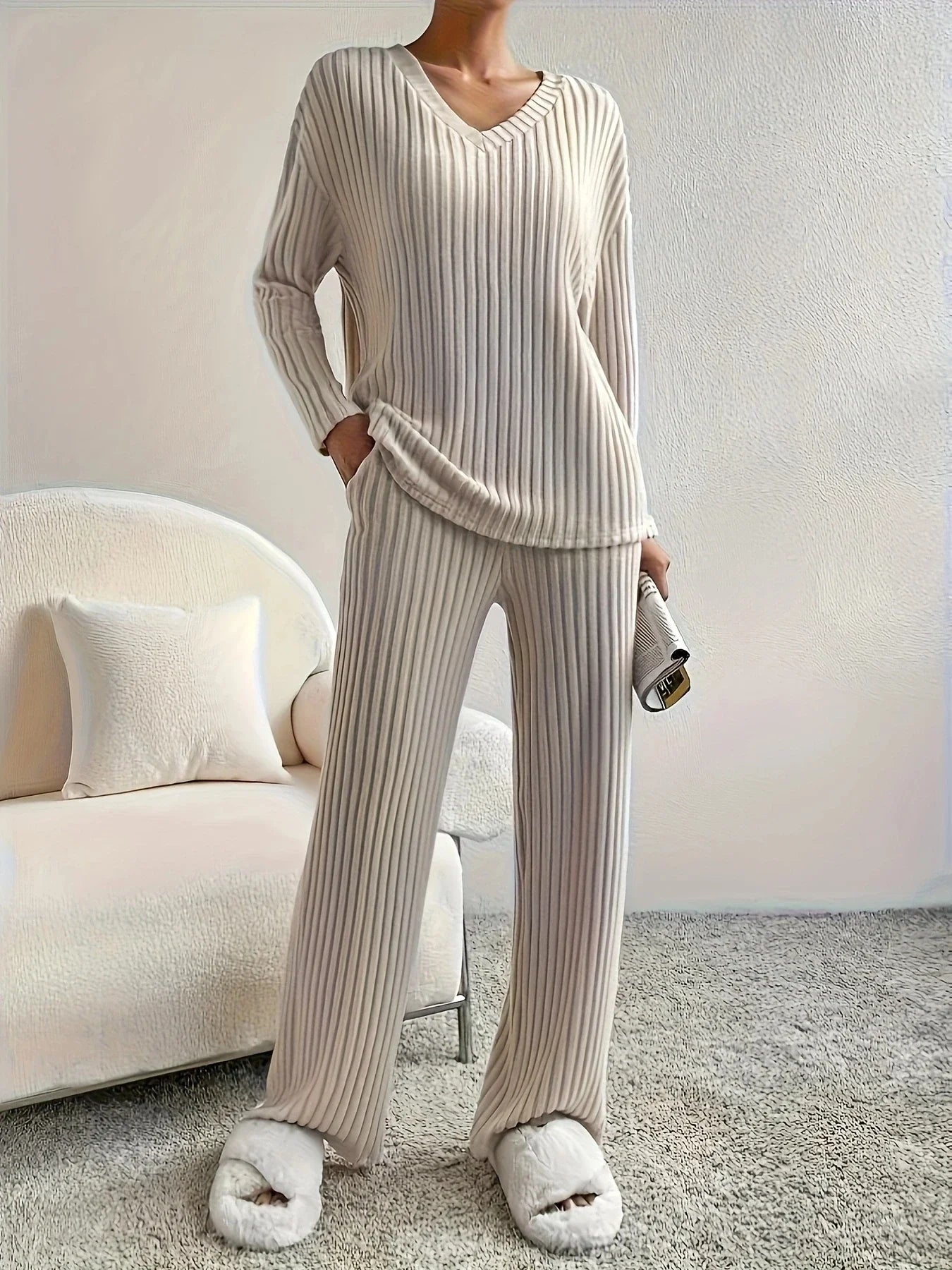 Autumn Winter Loose Casual V Neck Striped Knitted Two-Piece Set with Long Sleeve Top and Straight Tube Pants