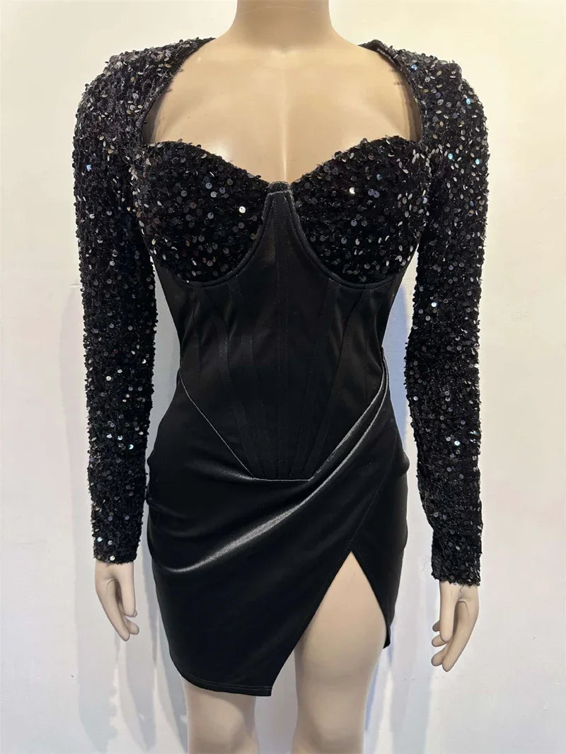 Black White Glitter Sequin Party Dress With Corset And Slit