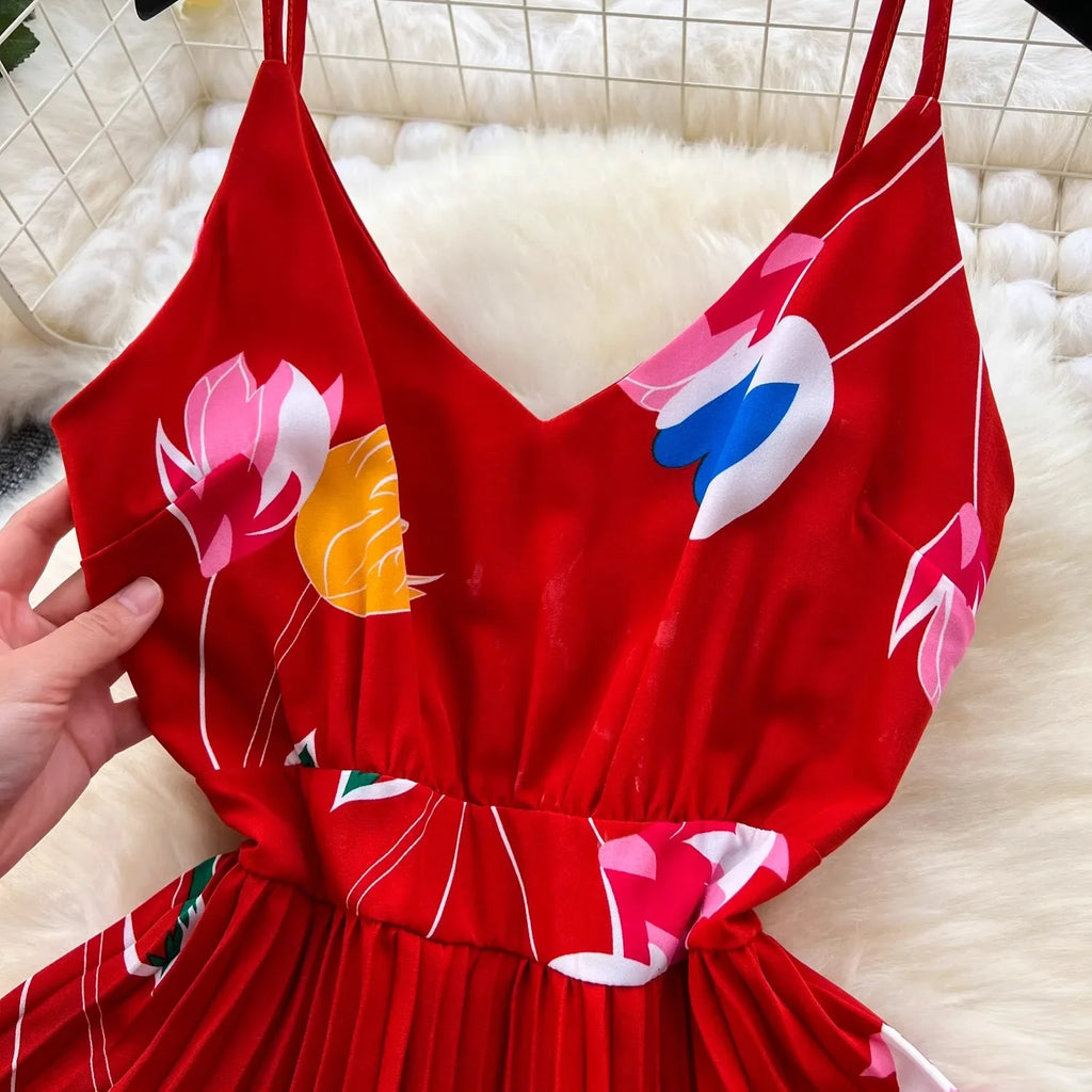 Floral Print Maxi Dress High Waist Spaghetti Strap Backless