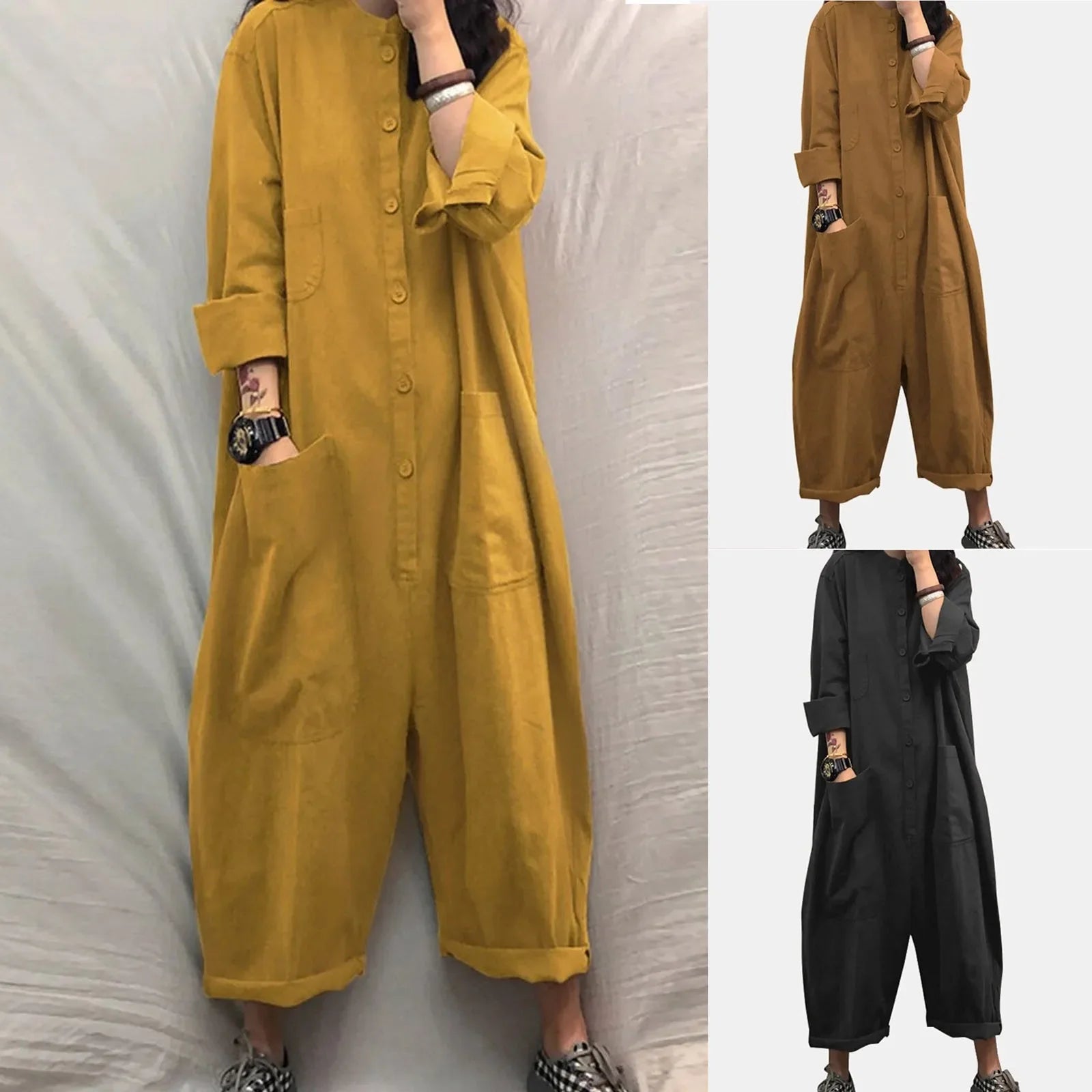 Women Oversized Casual Jumpsuit with Pockets Loose Fit Long Sleeve Romper Solid Color Stand Collar Overalls for Autumn