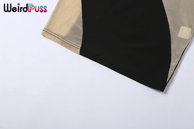 Mesh Patchwork Sexy Dress One Shoulder Sleeveless Bodycon