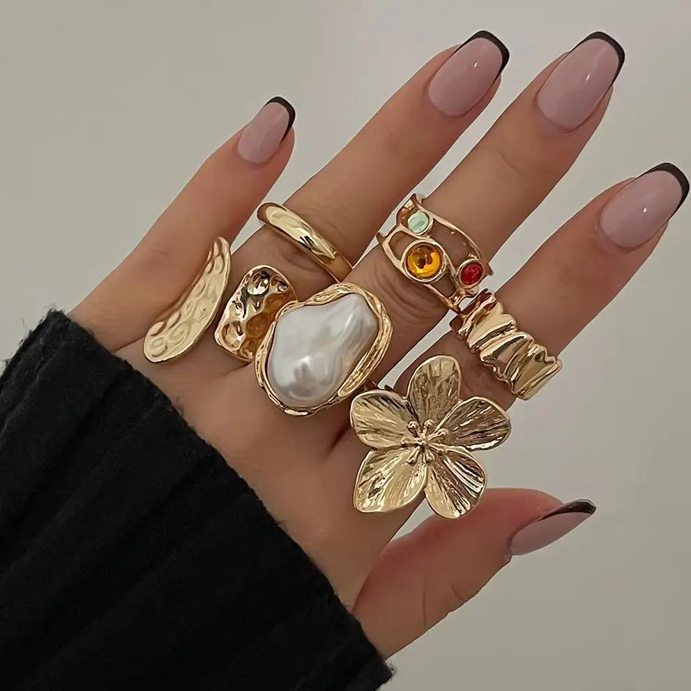Irregular Exaggerated Metal Flower Open Rings Set for Women with Imitation Pearl Elegant Baroque Jewelry Accessories
