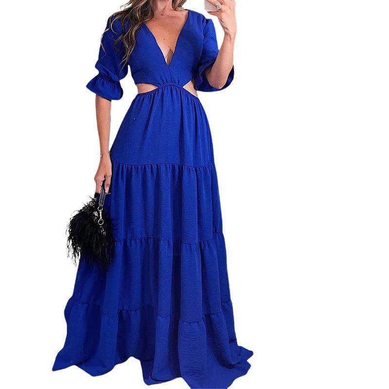 Flare Sleeve Maxi Sundress With Deep V Neck For Women