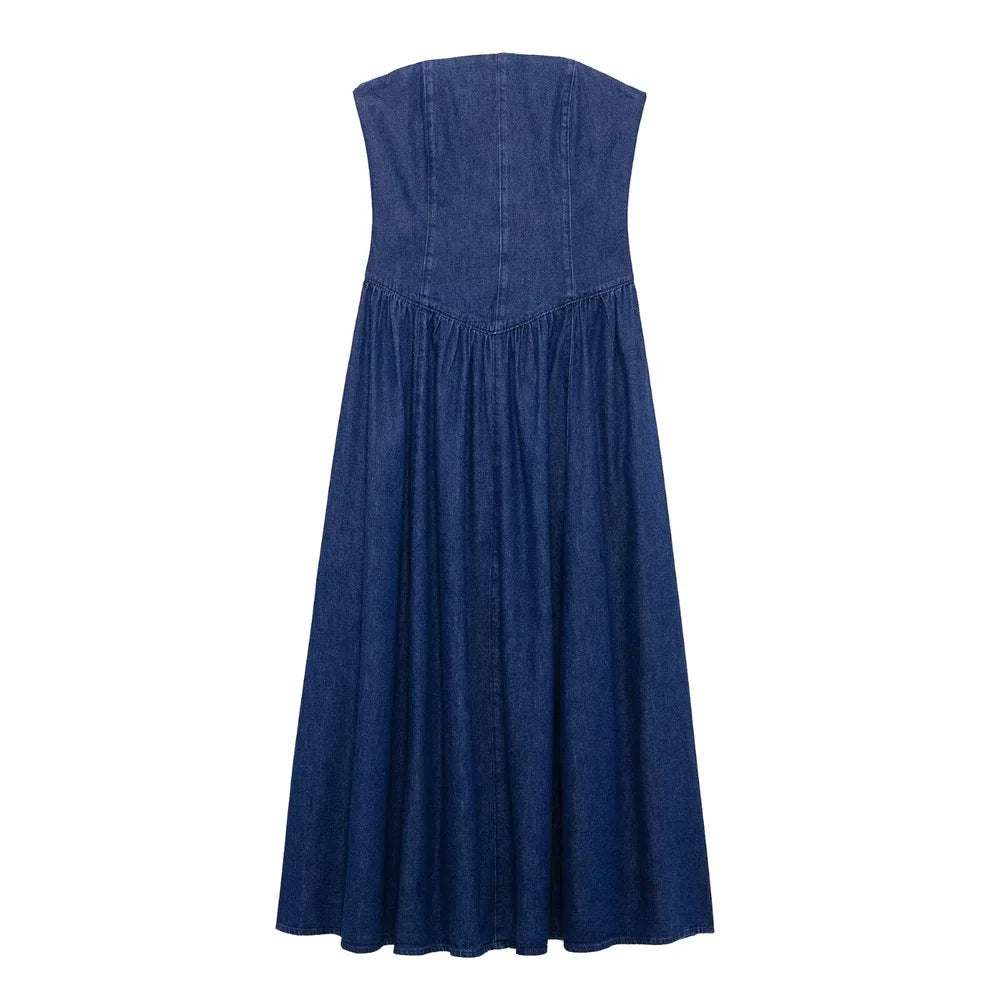 Denim Midi Dress For Women Strapless Backless Zipper Detail