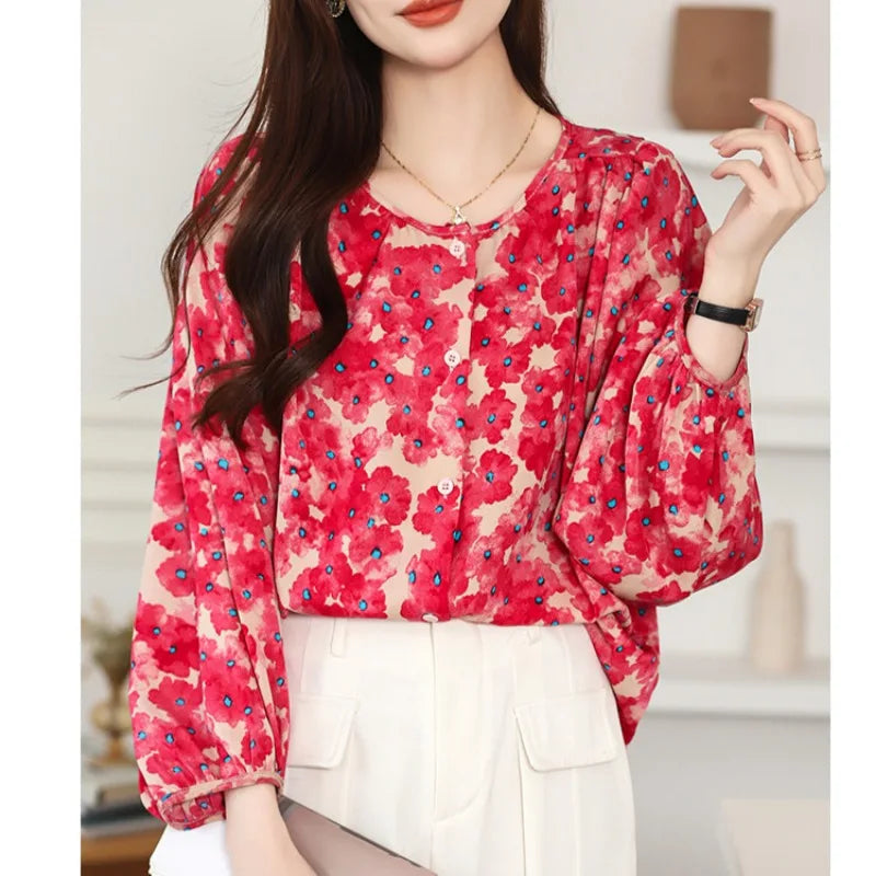 Floral Print Loose Fit Lantern Sleeve Chiffon Blouse Retro Long Sleeve Casual Women's Shirt Top