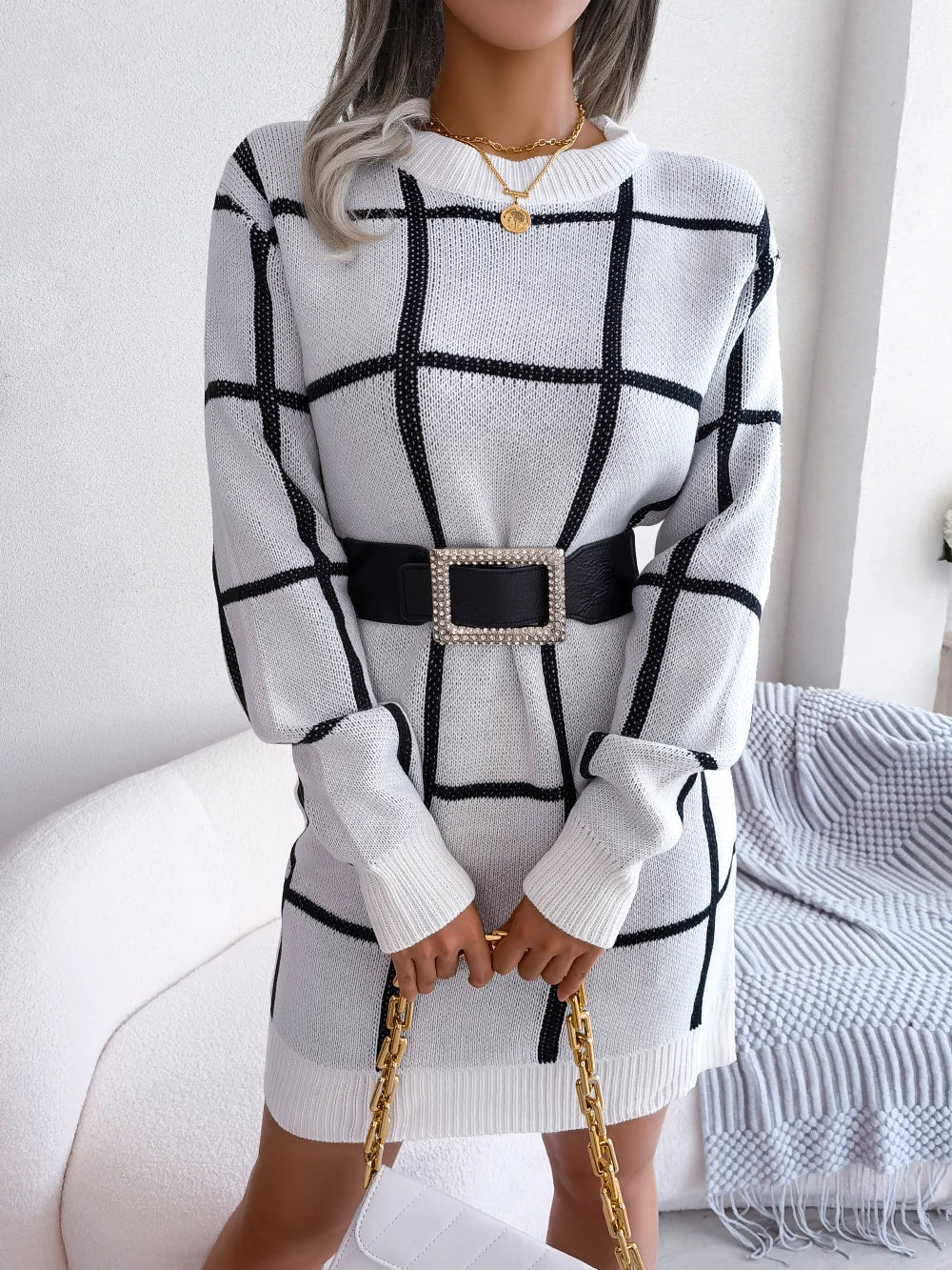 Women Plaid Knitted Sweater Dress Long Sleeve Casual Wear